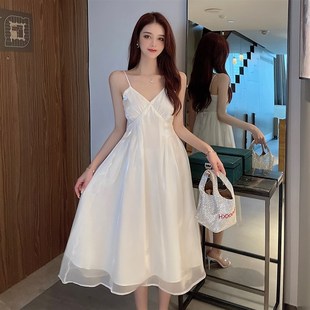 人鱼姬流光吊带连衣裙女新款仙女气质高腰暮云纱海边度假沙滩长裙