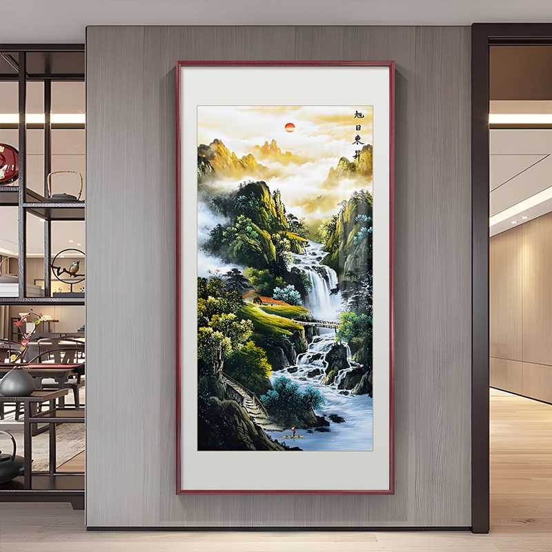 鸿运当头国画山水画新中式玄关装饰画入户走廊过道楼梯画竖版挂画
