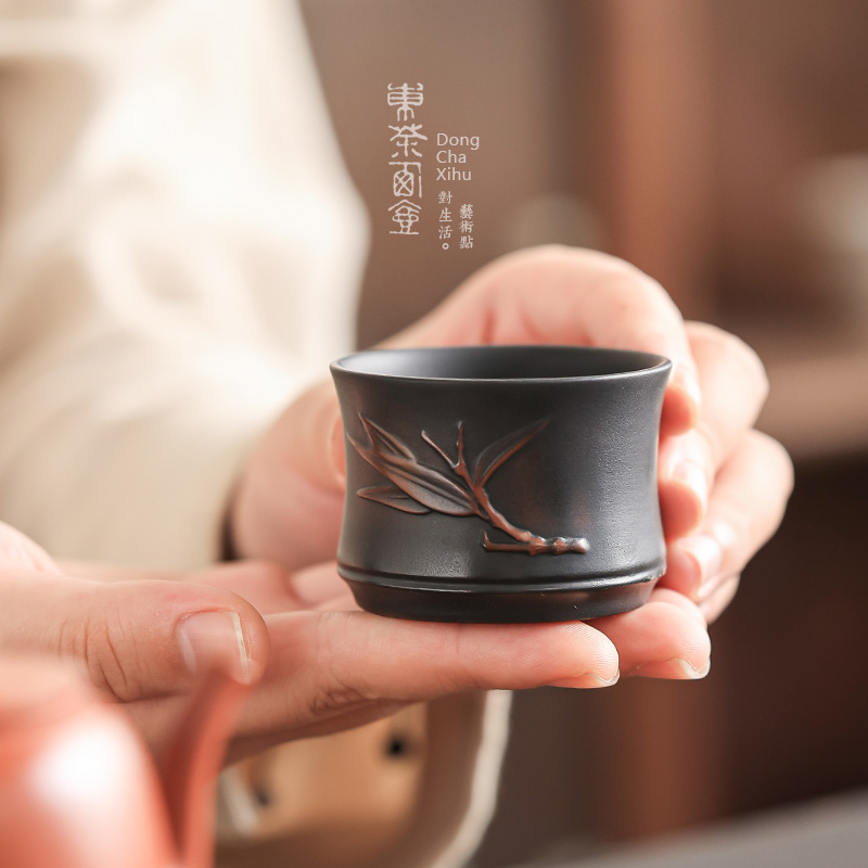 紫陶茶杯大号半手工浮雕品杯主人杯云南非紫砂杯子功夫茶道品茗杯