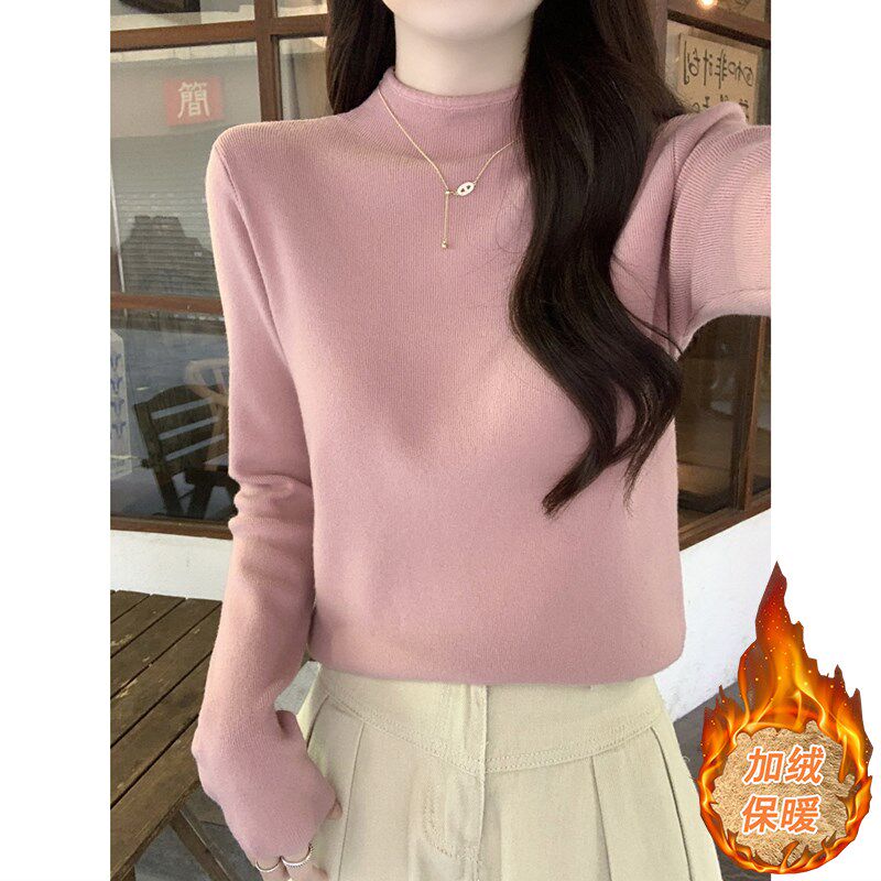 粉色毛衣女秋冬半高领修身显瘦加厚一体绒保暖长袖打底针织衫上衣