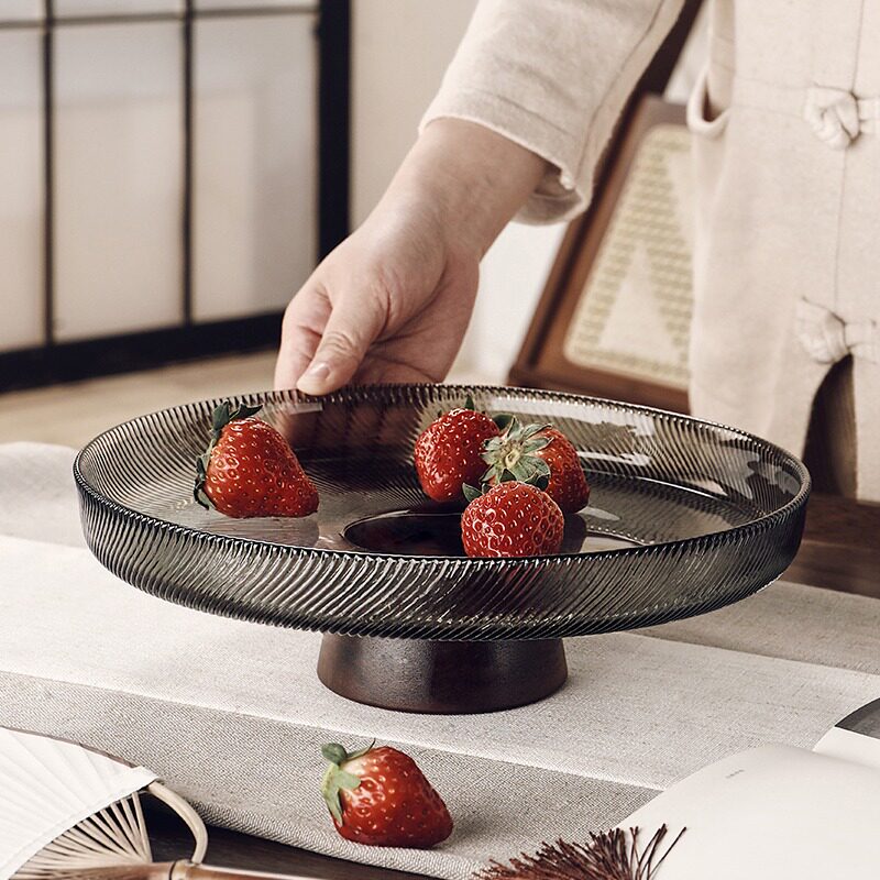 高级感新中式高脚玻璃水果盘家用客厅茶几摆件干果盒糖果坚果盘