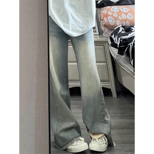 胖妹妹mm梨形身材高腰宽松显瘦毛边阔腿裤 新款 女秋季 怀旧蓝牛仔裤