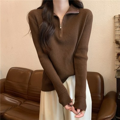秋冬季新款立领修身显瘦长袖打底针织衫上衣可外穿洋气毛衣女内搭