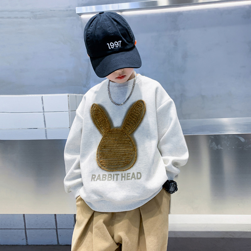 男童春秋装黑色兔子卫衣2023新款中大童衣服男孩秋冬加绒上衣潮