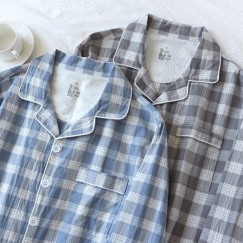 水洗棉睡衣男士纯棉套装春季新款时尚格子薄款宽松青年休闲家居服