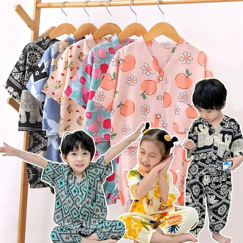 2024新款儿童绵绸家居服套装夏季男女孩睡衣宝宝空调房薄款两件套