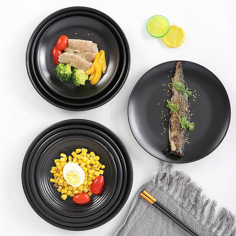 祥源美密胺餐具黑色盘子圆形商用餐碟火锅菜盘餐盘烧烤盘烤肉碟子