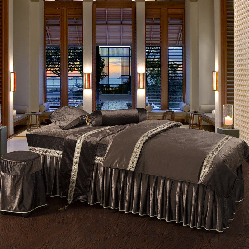 诗娜朵美容床罩四件套 意大利绒纹绣按摩床套美容院专用床罩定做