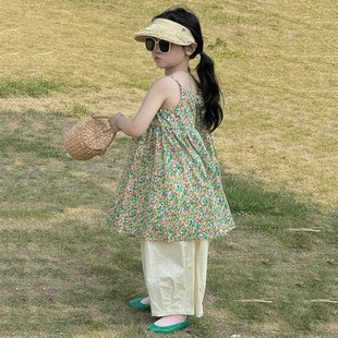 女童田园风绿色碎花吊带裙女孩叠穿宽松长裤 新款 2025夏季 韩国童装
