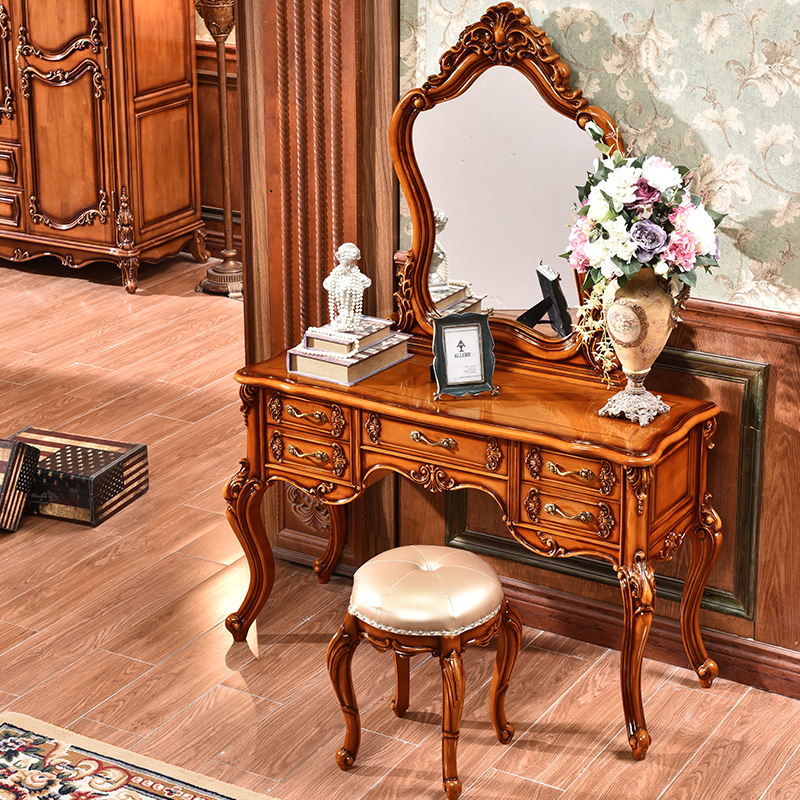 欧式美式全实木雕花梳妆台卧室储物化妆桌公主复古深色别墅做旧镜