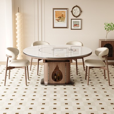 中古风实木岩板伸缩餐桌家用小户型多功能电磁炉内嵌转盘方圆两用