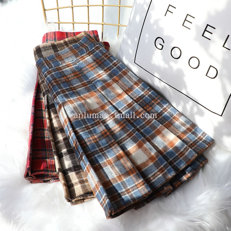 红色格子百褶裙女秋冬高腰防走光毛呢加厚半身裙子显瘦a字短裙裤