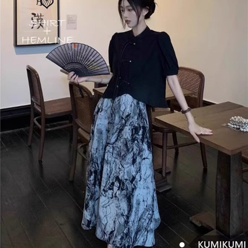 水墨茶服国风新中式连衣裙女夏收腰显瘦少女禅意穿搭吊坠改良旗袍