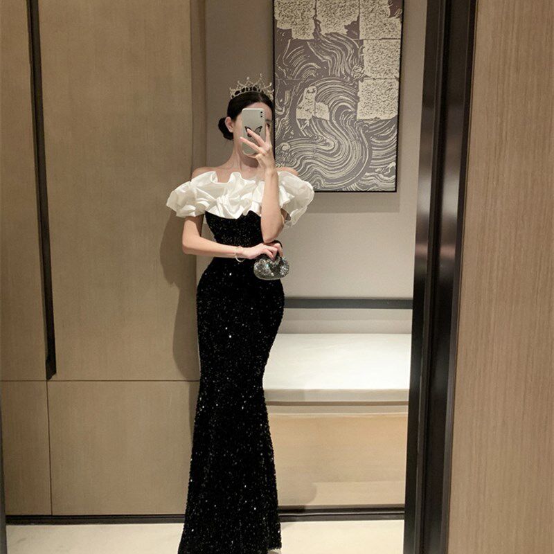 法式晚礼服裙女2025新款高级感气质名媛宴会主持人亮片一字肩长款