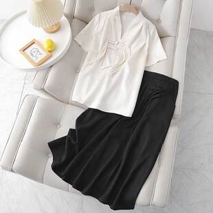 女装 夏装 大码 盘扣上衣v领衬衣国风盘扣半身裙新中式 胖mm通勤法式