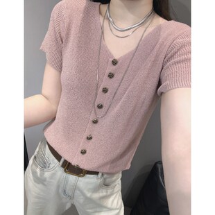 夏天新款V领冰丝针织开衫女短袖设计感气质修身显瘦百搭纯色上衣