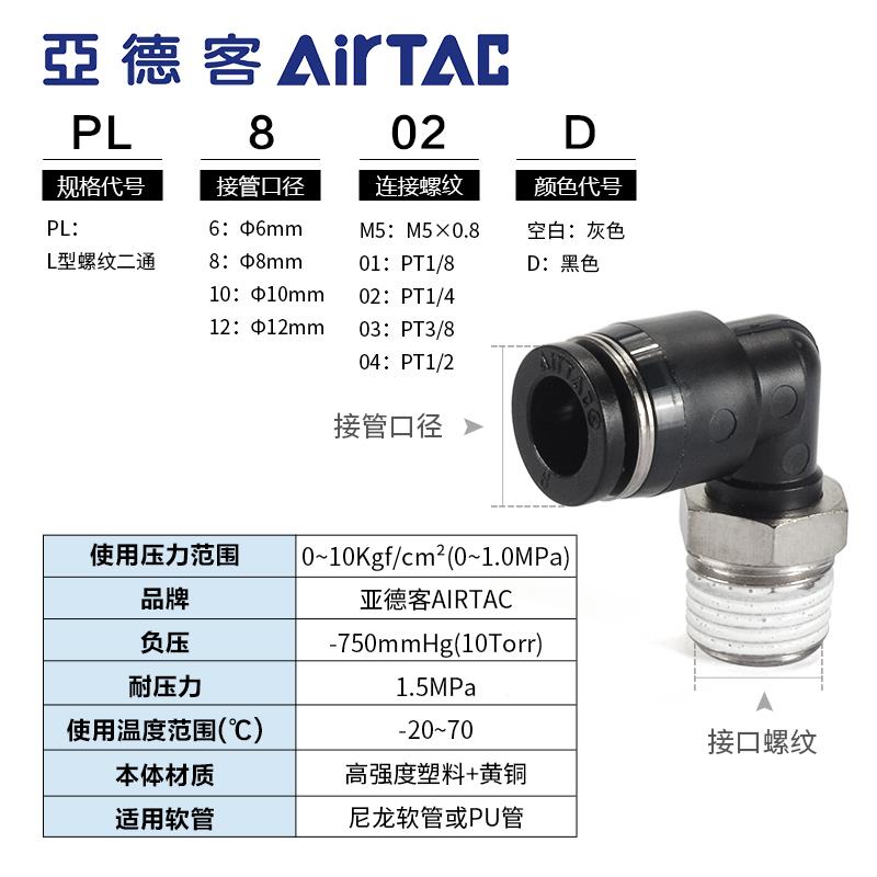 亚德客气动黑色螺纹弯通气嘴气管快速接头PL4 6 8 10-M5-01-02-D