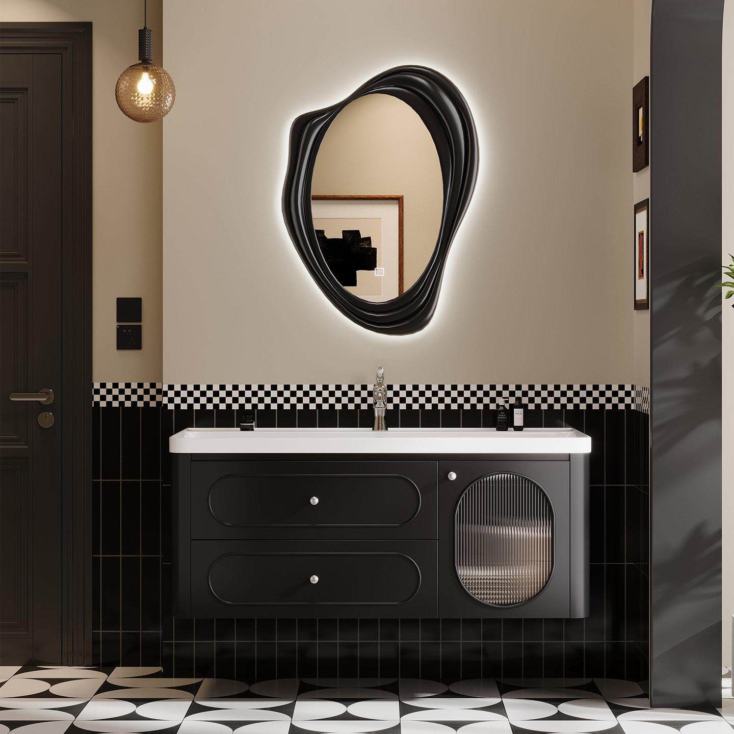 法式风黑色橡木浴室柜组合陶瓷一体盆卫生间洗手洗脸洗漱台定制