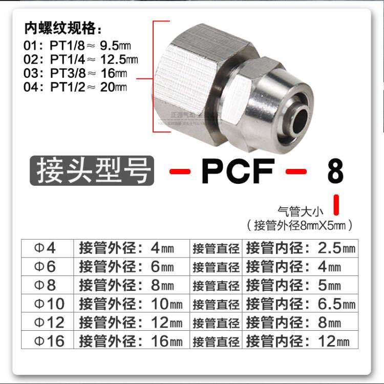 气动快拧内丝接头PCF内牙内螺纹直通1分2分3分4分插4 6 8 10 12MM