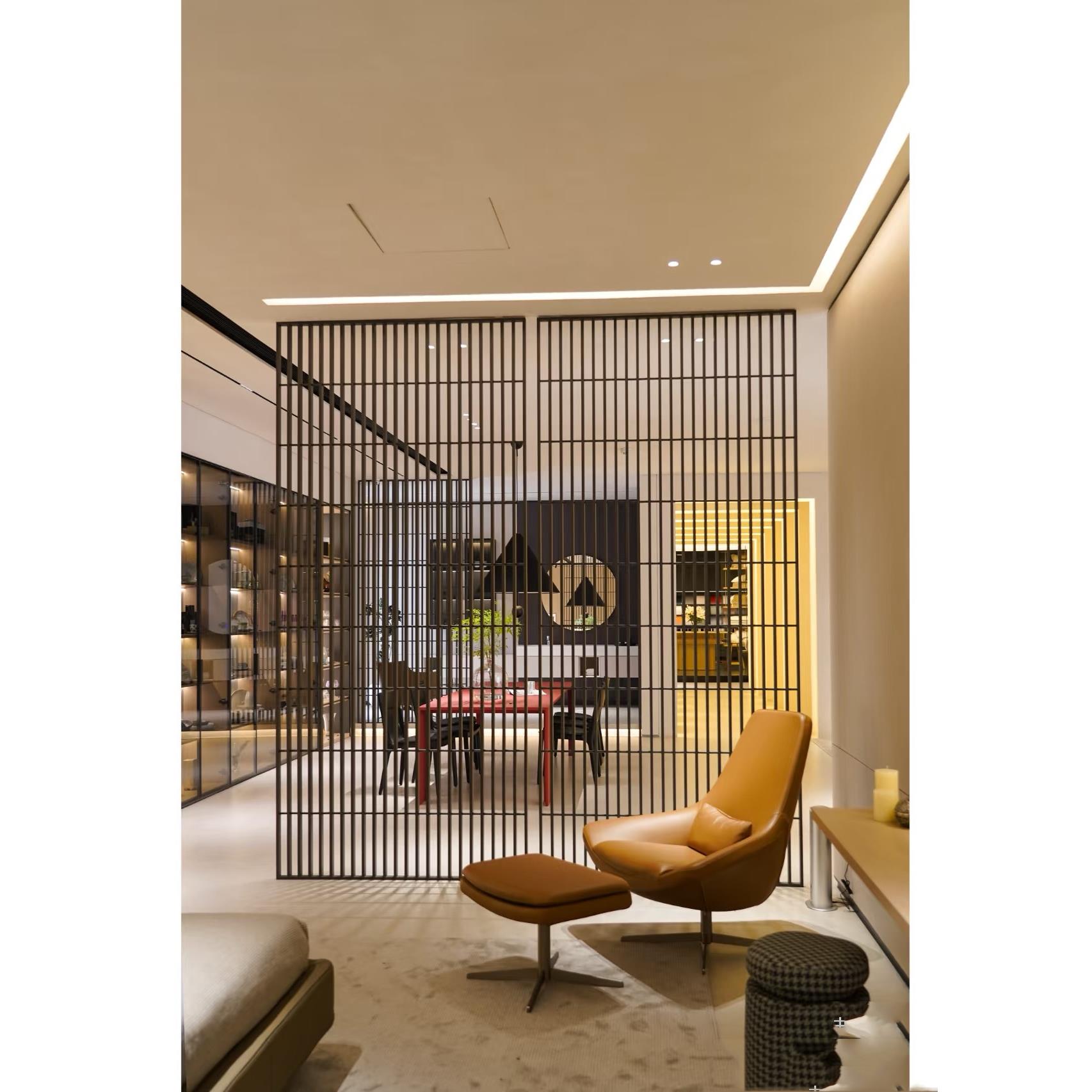 侘寂风铝合金格栅屏风玻璃隔断假墙铁艺金属不锈钢玄关镂空装饰