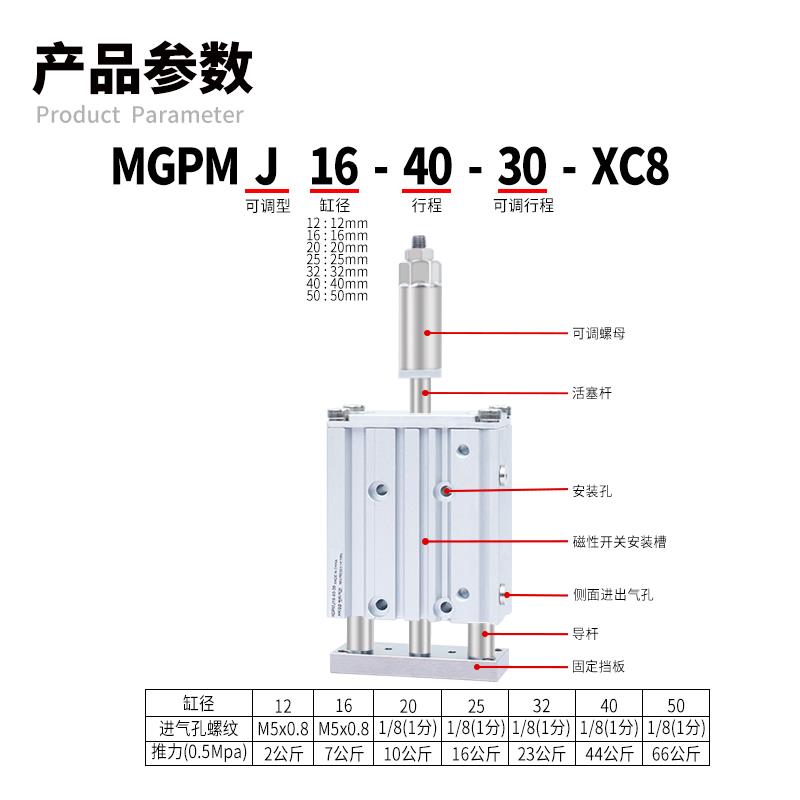 三轴三杆气缸行程可调MGPMJ12/16/20/25/32/40x20/40/50/75/100-S
