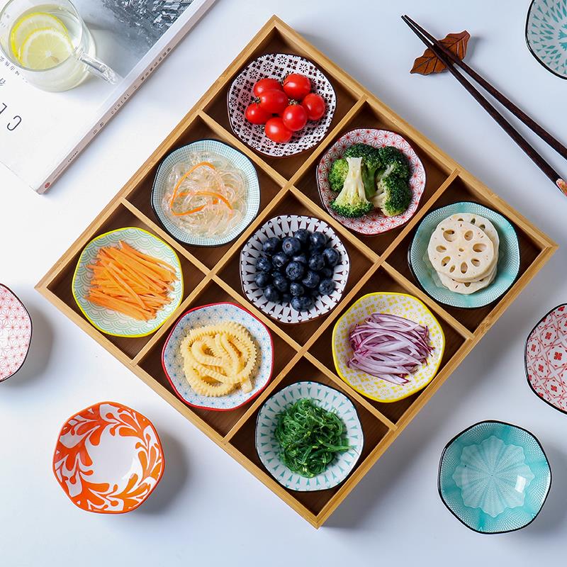 围炉竹木九宫格餐具碟子火锅店酱料分格餐盘蔬菜托 托盘烤肉木盘