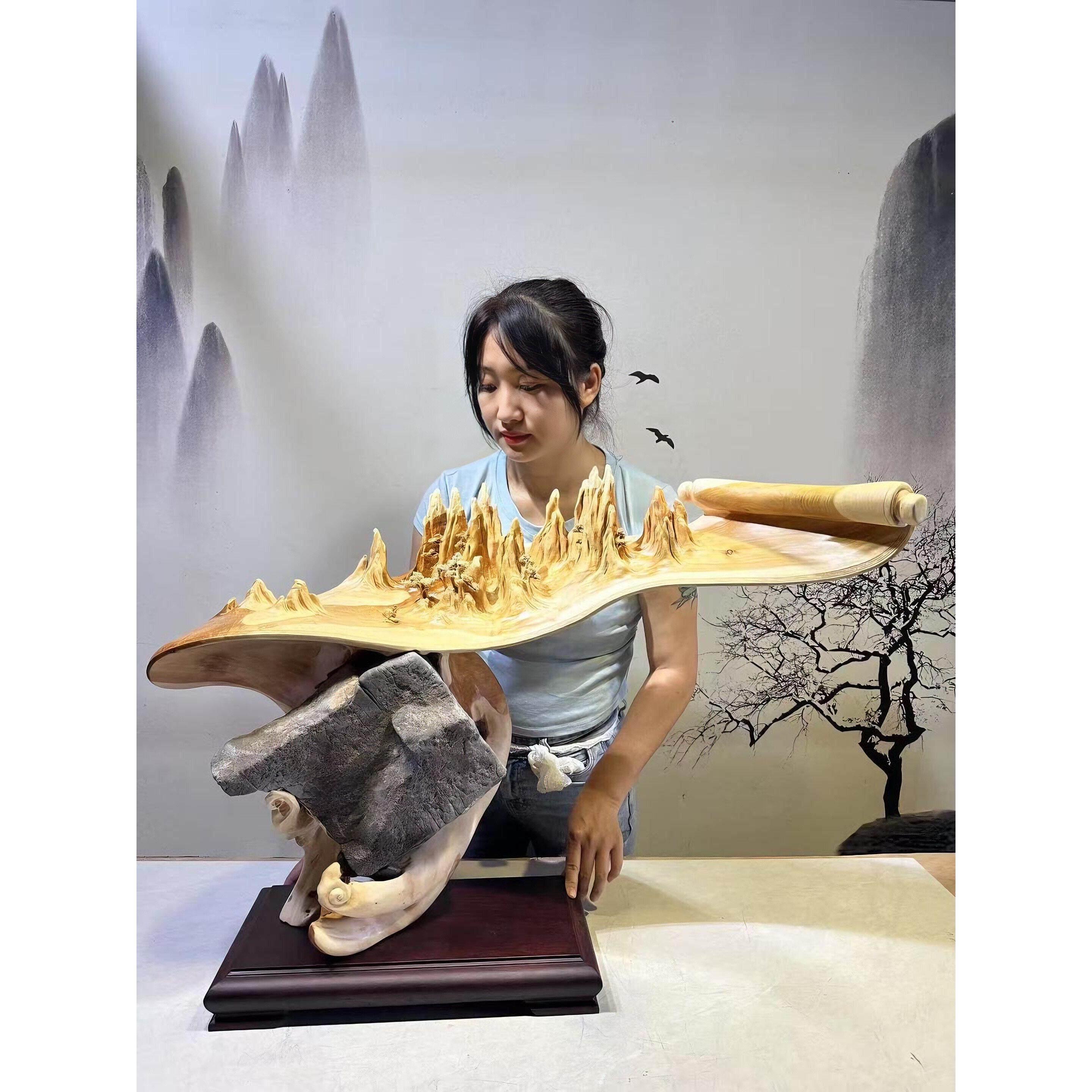 太行崖柏根雕金丝楠木雕山水江山如画纯手工雕刻根抱石摆件工艺品