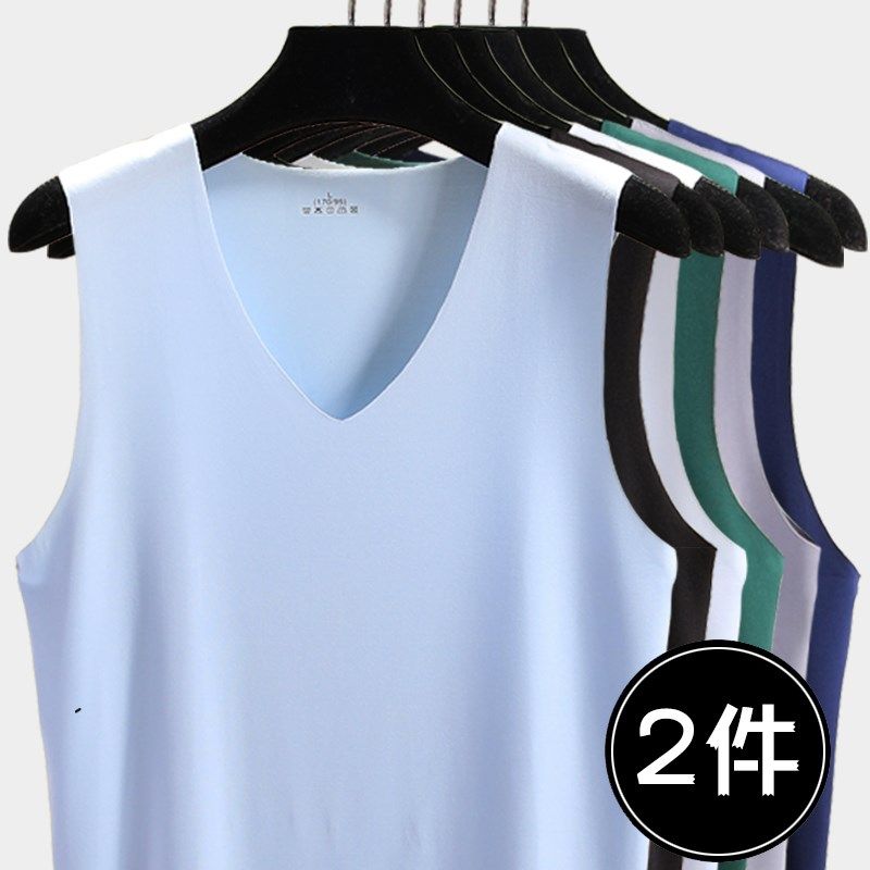 无痕背心男V领夏季薄款青年弹力紧身冰丝无袖T恤宽肩大码打底汗衫