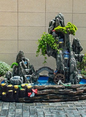 别墅环水鱼池造景布置庭院假山流水喷泉水泵景观室外鱼缸花园循