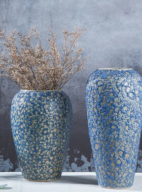 复古新中式蓝色泡泡釉粗陶插花器陶瓷干花瓶高颜值客厅装饰品摆件