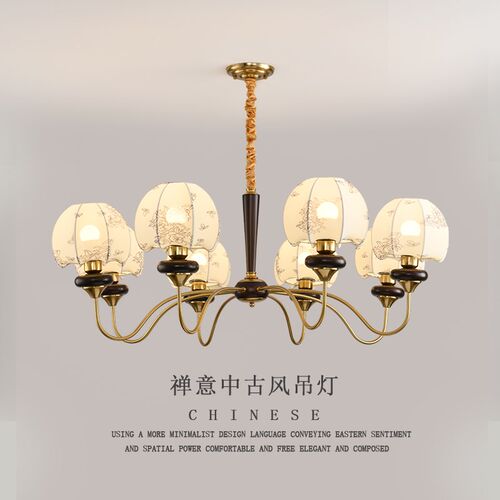 客厅吊灯中古风新中式餐厅灯南洋风复古实木布艺花纹网红卧室灯具