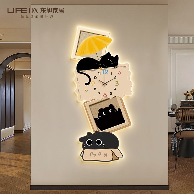 法式中古风入户玄关装饰画带钟表可爱猫咪走廊过道挂画竖版壁灯画图片