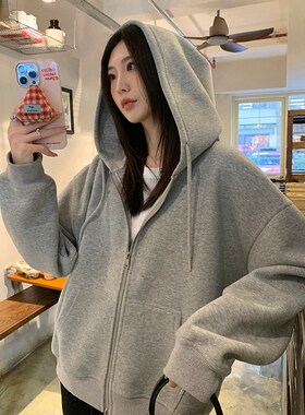 阿一 双面棉纯色拉链连帽卫衣女宽松秋季2024新款灰色休闲外套