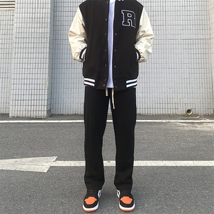 直筒裤子男高街宽松直筒裤黑w色抽绳运动裤卫裤阔腿裤休闲裤长男