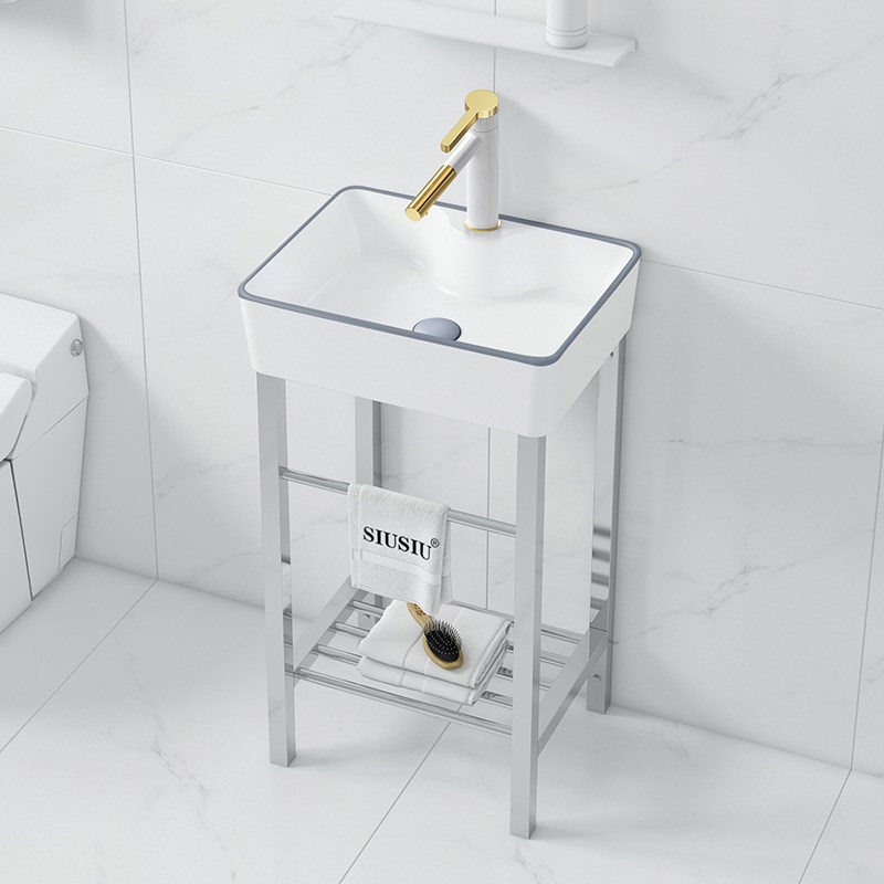 阳台落地式灰边不锈钢支架洗手盆一D体陶瓷卫生间洗脸盆简约洗漱