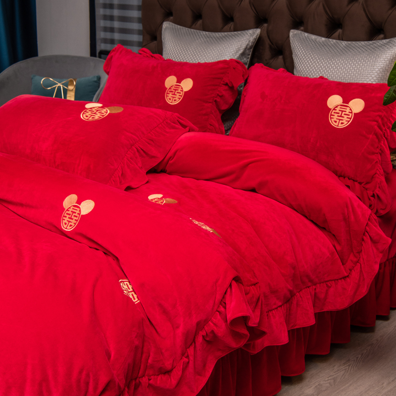 婚庆床上用品大红色宝宝绒四件套A 被套床单款中式2米床结婚礼品