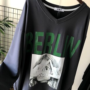 秋装新款大码女装韩版洋气质宽松A中长款V领长袖T恤打底衫显瘦上