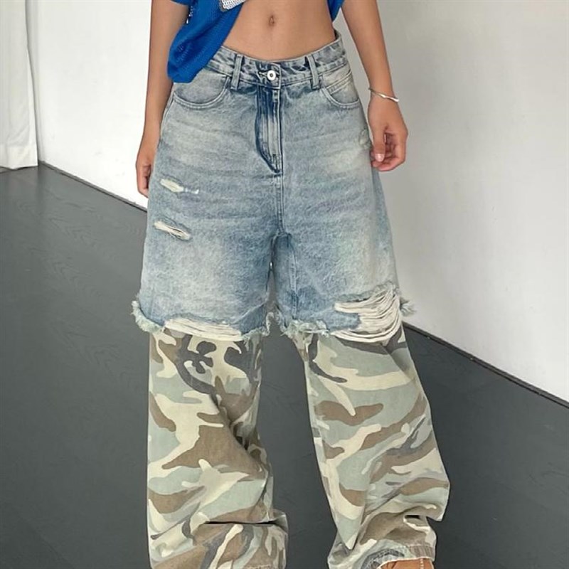 大码美式国潮破洞l牛仔拼接迷彩工装裤男女街头假两件宽松直筒长