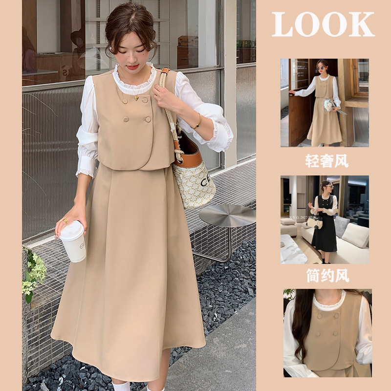 哺乳衣秋装外出时尚辣妈款假两件套收腰a字洋装产后哺乳衣秋季