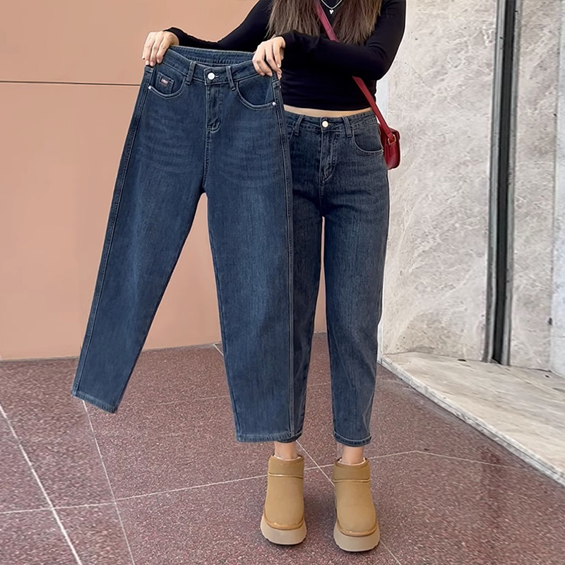 梨型身材a哈伦牛仔裤女秋季大尺码胖mm高腰显瘦弹力九分老爹罗卜