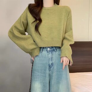 圆领加厚百搭套头长袖针织衫女早秋季宽松外穿毛R衣小个子短款上