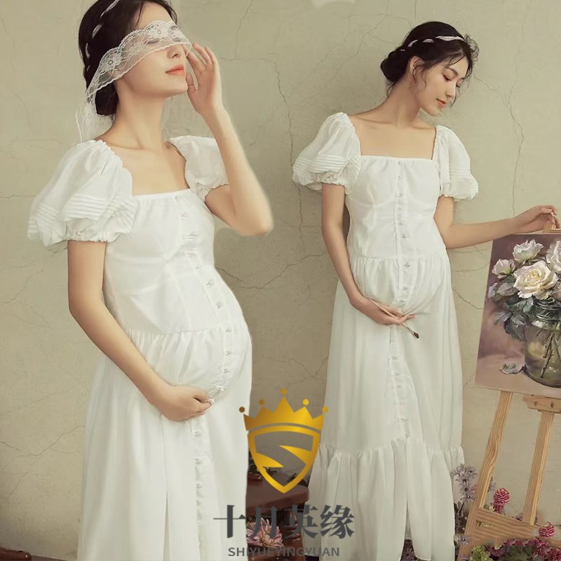 影楼孕妇拍照服装新款艺术写真时尚简约白色连衣裙孕妇摄影衣服
