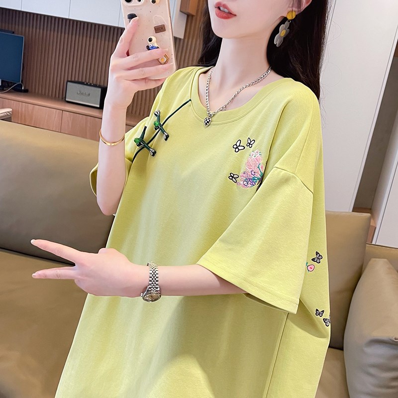 孕妇装夏款2025新款遮肚子不显怀上衣中国风中长版刺绣短袖t恤女