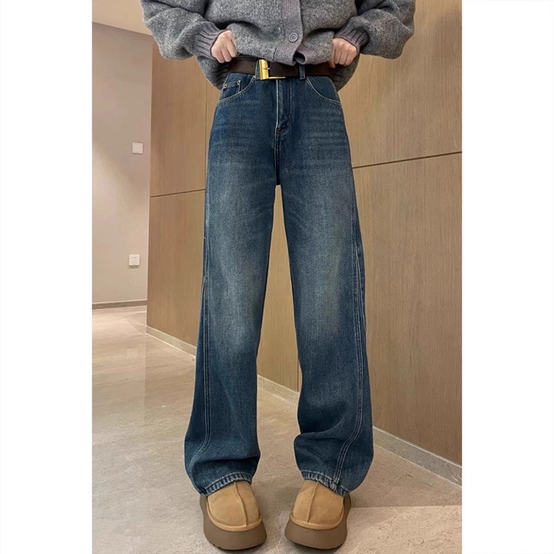 梨形身材高腰直筒牛仔裤女弯刀裤秋季大I码胖妹妹显瘦拖地阔腿长