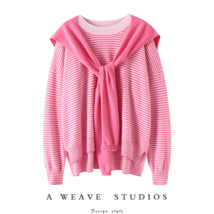 启超〓绒a+〓粉色条纹可拆卸披肩廓形羊绒衫女纯羊绒毛衣2023秋冬