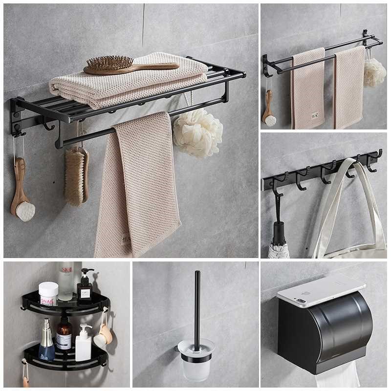 太空铝浴室黑色毛巾架卫生间浴C巾架 卫浴挂件 置物架套装