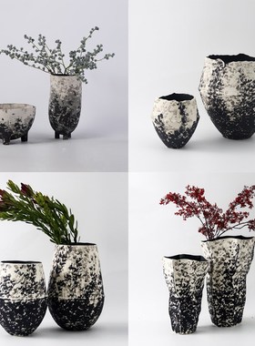 新中式侘寂风黑白手绘墨染复古陶瓷花瓶摆件样板间售楼处客厅装饰