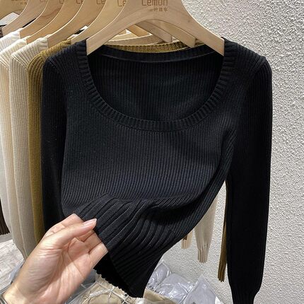 针织衫上衣女秋冬设计感小众方领加厚内搭洋气修身短款打底衫毛衣