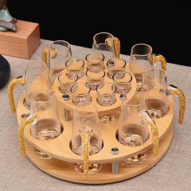 家用分酒器一口杯专用收纳架套装创意托盘竹木制白酒杯架子置物架