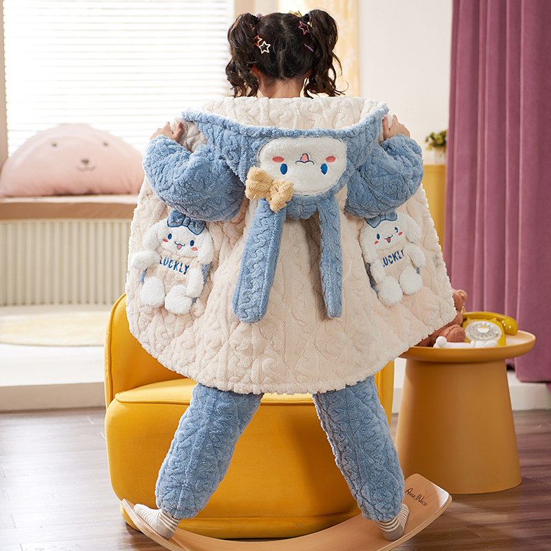 女童三层铺棉睡衣秋冬款儿童睡袍套装2023新款女孩冬季加绒加厚款